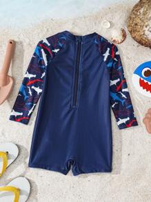 Shark Week X SHEIN Baby Boy Summer Vacation Beach Shark Print Long Sleeve One-Piece Swimsuit - Multicolor - View 2