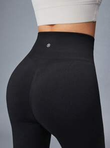 LUVLETTE Women's Black Seamless Wide Waistband Waist Elegance Yoga Fitness Active Gym Basic Leggings - Black - View 9