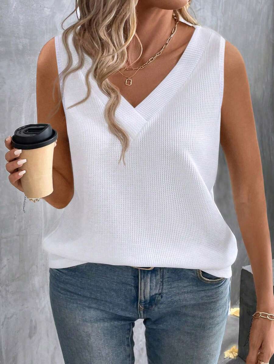 SHEIN LUNE CURVE Áo thun nữ cỡ lớn thời trang thường ngày cổ chữ V xếp lớp kiểu waffle - trắng - Xem 1