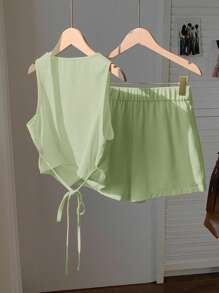 Comfortcana Women 2pcs Set Light Green Open Front Single-Breasted Vest And Shorts - Mint Green - View 2