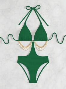SHEIN Swim Chain Decor Backless Halter One-Piece Swimsuit - Green - View 4