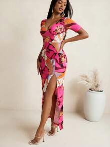 Eva Novielli 热带印花针织平纹深 V 高开叉长裙 女式度假优雅夏装 女式夏季连衣裙 女式长裙 女式长裙 女式连衣裙 女式派对连衣裙 - 彩色 - 查看 4