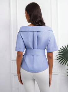 SHEIN Unity Blusa de mujer de manga corta, hombros caídos, con lazo cruzado y rayas - Azul - Ver 2