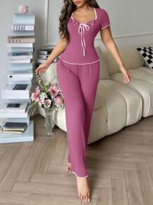 SHEIN Bộ đồ ngủ thường ngày màu tương phản phong cách INS và quần dài - Màu tím - Xem 6