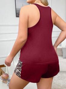 SHEIN Plus Size Leopard Print Patchwork Sleeveless Scoop Neck Tank Top & Shorts Casual Homewear Pajama Set, Outfits - Burgundy - View 2