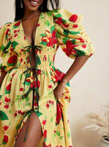 BELANGE HANDMADE Abito donna con stampa floreale, maniche corte a palloncino, vita arricciata, fiocco e spacco al ginocchio, adatto per vacanza e tempo libero
