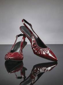SHUZIA Women's High Heel Pointed Toe, Elegant Patent Faux Leather Wrinkle Design Fashionable Buckled Back Strap Shoes - Burgundy - View 4