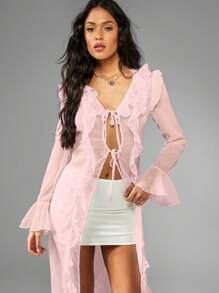 MISSGUIDED Capa larga de gasa con volantes y manga larga transparente con lazo delantero, para invitadas de boda, fiestas, playa, resort, verano, vacaciones - Falda midi cubierta - Rosa - Ver 3