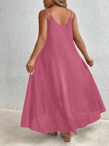 SHEIN Clasi Plus Size Solid Color Hollow Circle Accent Spaghetti Strap Sleeveless Dress Maxi Women Outfit - Hot Pink - View 2