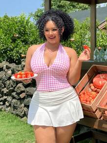 SHEIN EZwear Plus Size Pink Plaid Suspender & Cami Set, Spring/Summer - Pink - View 12