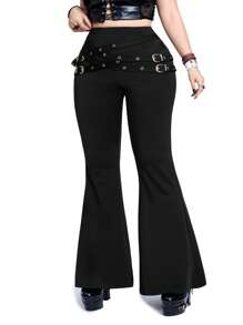 Whyspr Casual Punk Plus Size Fashion Waist Belt Decor Flared Pants - Black - View 7
