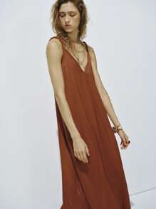 SHEIN LUNE Vestido de mujer de moda, elegante, holgado, con cuello en V profundo y tirantes - Marrón Mocha - Ver 4