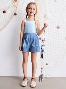 SHEIN Celana Pendek Longgar Berlipit Motif Bunga dan Kulit Kerang untuk Anak Perempuan di Musim Panas - MultiWarna - View 3