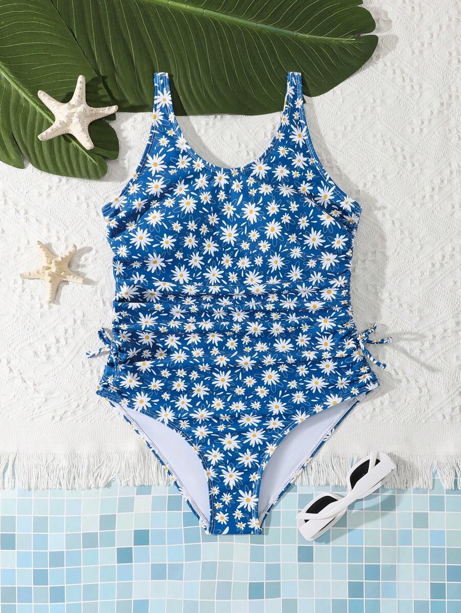 SHEIN Teen Girls Random Print One-Piece Swimsuit - Blue - View 1