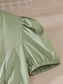 少女优雅纯色泡泡袖褶皱 A 字长裙，适合夏季生日派对 - 薄荷綠 - 查看 6