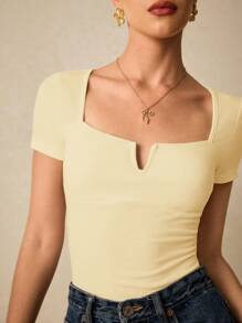 Poéselle Women's Summer Solid Color Slim Fit Short Sleeve T-Shirt With Notched Neckline Has A Breast Cup T-Shirt Wedding Modest Elegant Graduation Office Wear Street Wear Milkmaid Sexy Women Tops Summer T-Shirt Old Money - Yellow - View 9