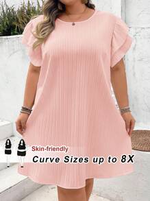SHEIN CURVE+ Plus Size Women Solid Color Round Neck Ruffle Hem Loose Casual Dress,Summer Outfits For Women,Sun Dresses For Women Beach Outfits For Woman/Beach Dress/Beach Vacation Outfits/Beach Essentials / Graduation/Tea Party Dress Summer/Country/Beach Vacation Outfits/Beach Outfits/Beach Wear - Baby Pink - View 1