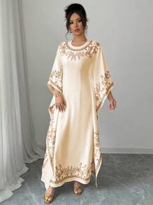 Elenzga Elegant Waist-Cinched Round Neck Long Floral Print Dress For Women, Suitable For Formal Occasion - Apricot - View 4