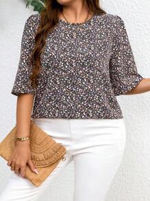 SHEIN LUNE Tuta casual estiva per vacanze taglia grande, camicetta da donna con maniche a palloncino e piccoli fiori per insegnanti