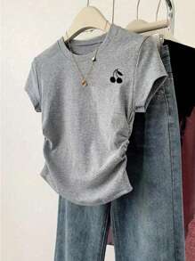 Áo thun nữ tay ngắn, tối giản và thời trang, phù hợp cho mùa hè - Xám - Xem 3