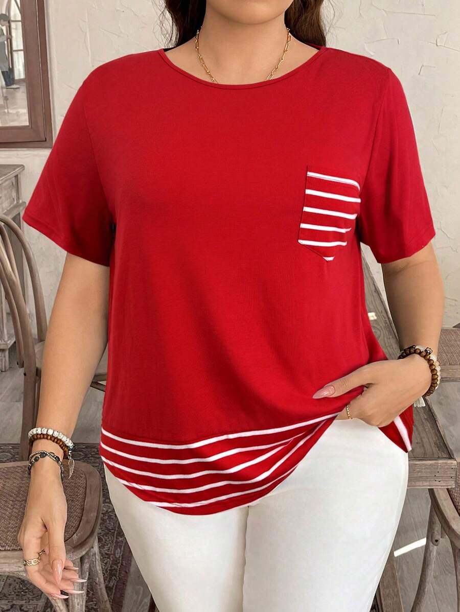SHEIN LUNE Camiseta casual de talla grande con bolsillo y rayas de contraste, prenda de vestir occidental estilo boho bohemio, top de festival de los 90, verano y primavera