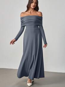 SHEIN Tall Vestido largo con hombros al descubierto, manga larga, unicolor y pliegues elegante para mujer, otoño, nuevo para el Día de San Valentín y Año Nuevo - Gris - Ver 4