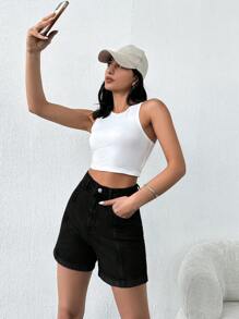 EURMUSE Slant Pocket Fold Up Front Opening Denim Shorts - Black - View 6