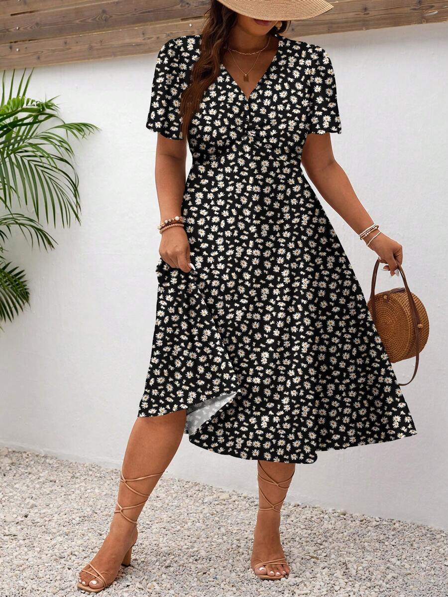 SHEIN Frenchy Plus Size Summer Casual Daisy Floral Print Dress, Versatile Vacation Dress Suitable For Music Festivals And Holiday,Sun Dresses For Women Fall Clothes
