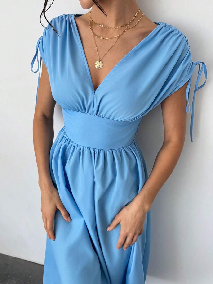 Firerie Ladies Sky Blue Summer Elegant Vacation Outfits,Boho Pleated Long Skirt With Drawstring Shoulder,Umbrella Graduation Prom Wedding Guest Party Dress