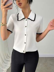 Elenzga Women's Elegant Collared Colorblock Wave Ribbon Black Trim Short Sleeve Blouse, Spring/Summer - White - View 5