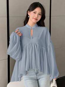 DAZY Women's Solid Color Standing Collar Long Sleeve Pleated Casual Vacation Blouse, Spring/Summer