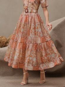 Anewsta Bohemian Floral & Geometric Print High Waist A-Line Skirt For Women, With Pearls, Rhinestone Belt, Casual Elegant Beach Festival Holiday Vacation