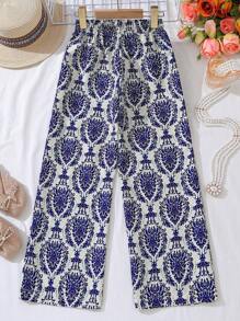 2025 New Vacation Style Printed Wide-Leg Pants, Girls Beach Summer Casual Straight Trousers, Loose Fit For Big Tween Girl