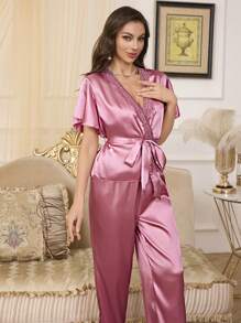 SHEIN Elegantes Damen Pyjama-Set mit lila Kunstseide, Spitzenbesatz, V-Ausschnitt und Taillenbund, Kurzarm