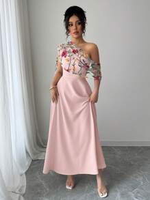 Elenzga 优雅日常百搭时尚不对称领口透视网眼刺绣喇叭下摆长裙，适合女士春夏装 - 彩色 - 查看 5