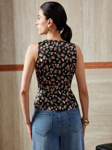 SHEIN Unity Women's Fashionable Woven Printed V-Neck Lace Patchwork Sleeveless Open Front Casual And Elegant Blouse, Spring/Summer - Black - View 2