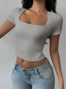SHEIN BASICS Plain Knitted Cropped Fitted Top For Women With Transformable Collar - Grey - View 4