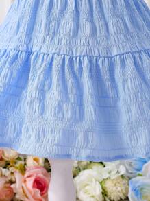 SHEIN Elladie kids 女嬰淺藍色夏季可愛生日純色細肩帶荷葉邊A字版型洋裝，適合外出、日常與海邊玩樂 - 藍色 - 查看 4