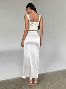 Aloruh Women Spring And Summer News Bust White Wedding Guests Lace Panel Satin Top And Lace High Slit Skirt Two Pieces Sets - White - View 3