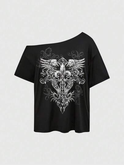 Grunge Punk Camiseta suelta de cuello caído, negra y de talla grande, con estampado gráfico de alas de vid con estilo callejero sexy y punk