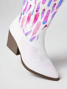 ROMWE Fairycore Retro Pointed Toe Western Cowboy Boots For Women 2025 New Merrald V-Cut Colorful Feather Decor Chunky Heel Mid-Calf Riding Boots - White - View 6