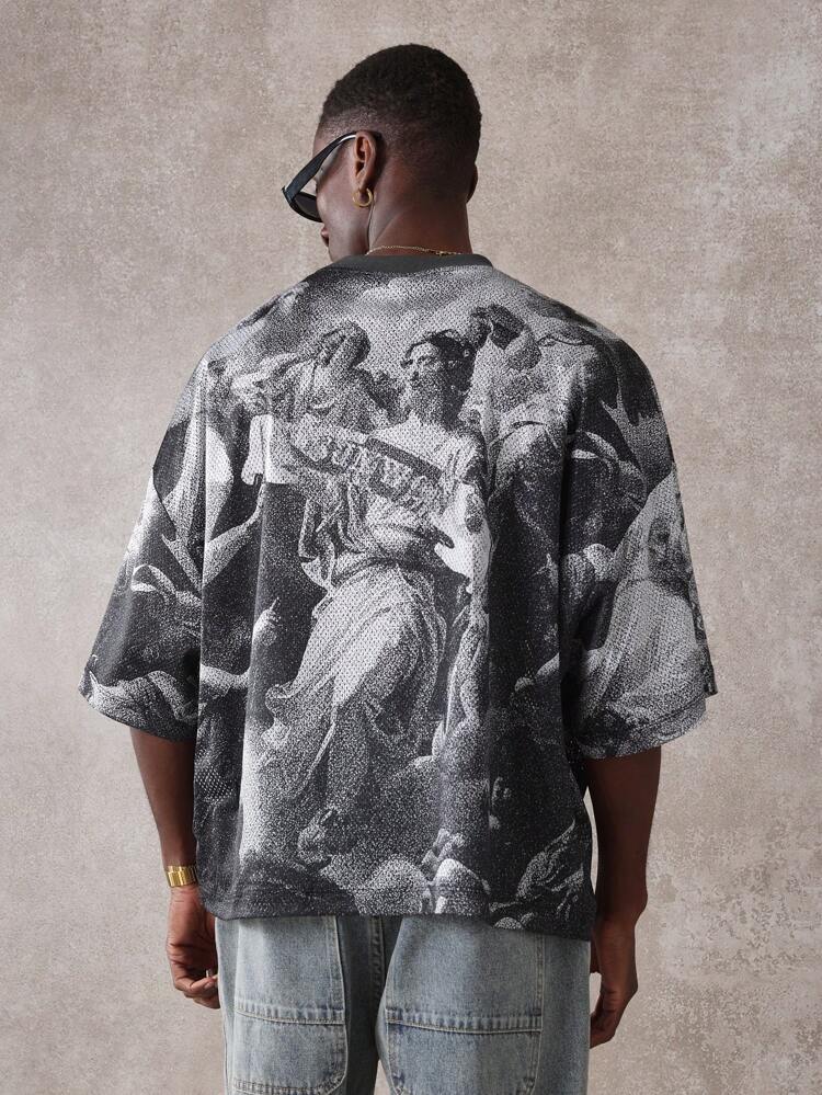 Artistic Portrait Print Gothic Mesh Oversized Top