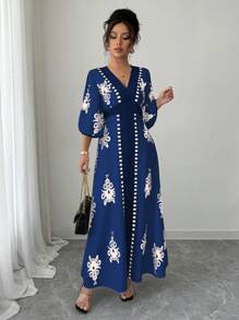 Rafferiza 女式V领长袖花卉印花休闲连衣裙 - 寶藍色 - 查看 6