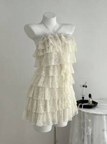 Elamini 女式蕾丝拼布露背吊带蛋糕设计连衣裙 - 杏色 - 查看 6