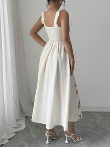 Elenzga 女士印花拼布腰部 A 字型优雅无袖连衣裙，适合度假和通勤 - 杏色 - 查看 2