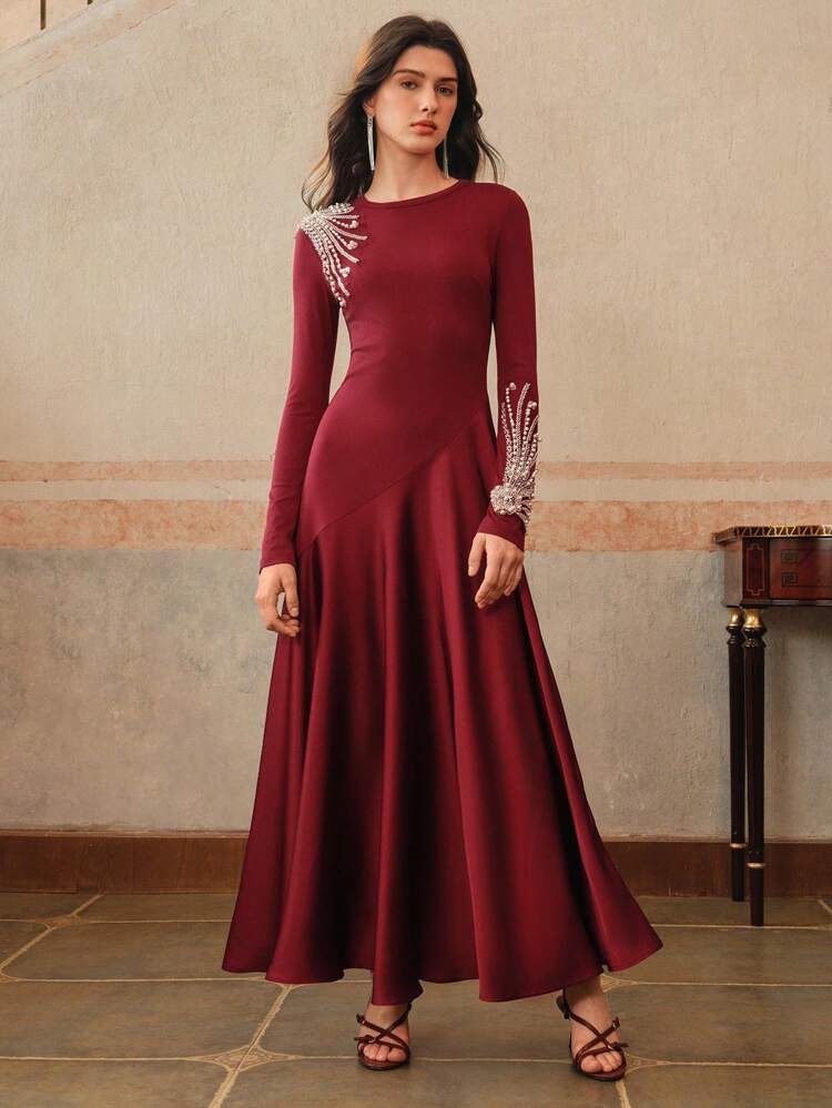 Round Neck Long Sleeve Flared Waist Fitted Elegant Urban Dress, Spring Outfits For Women, Valentine's Day, Date Night