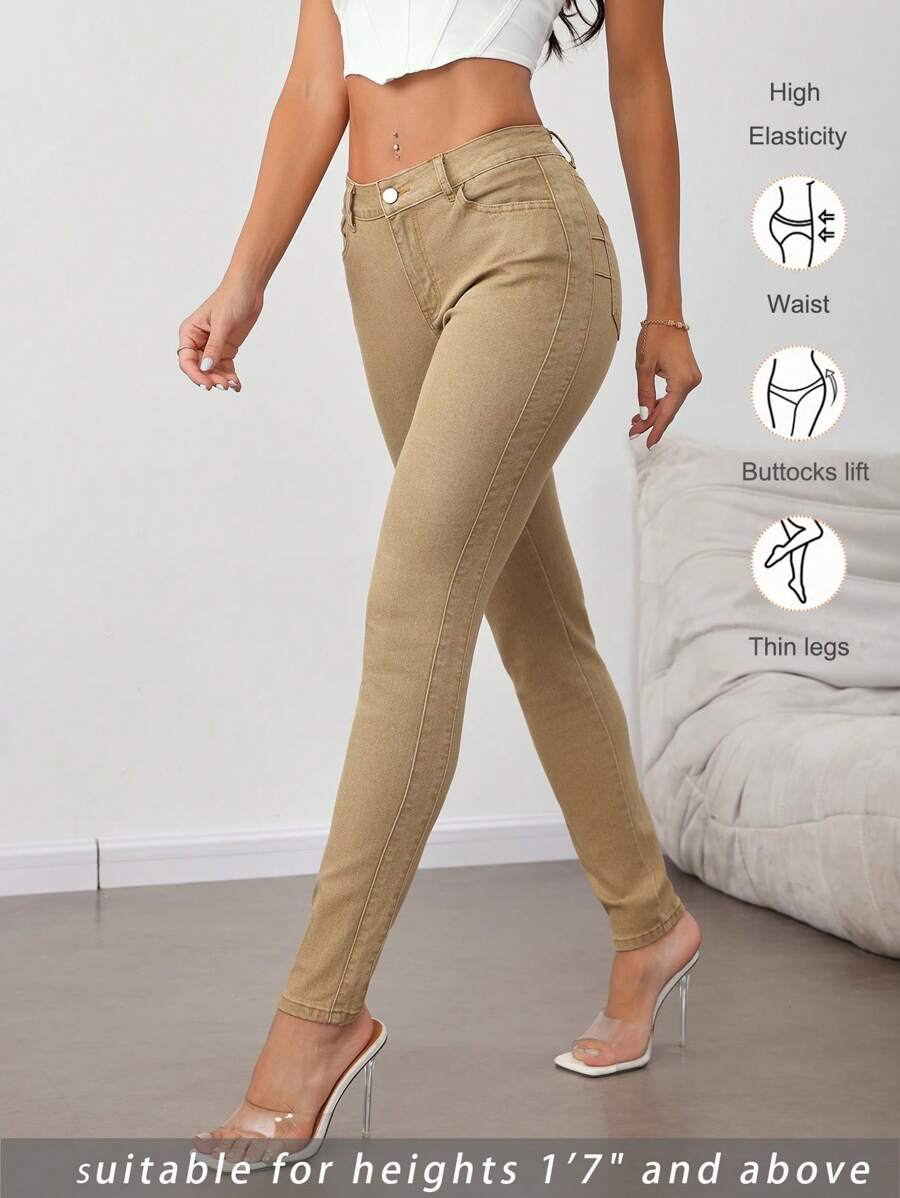 SHEIN Tall 女士休闲弹力紧身牛仔裤，卡其色牛仔裤女士牛仔裤紧身牛仔裤女士裤子夏季音乐会高腰女士筒腿牛仔裤 - 卡其色 - 查看 1