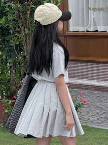 DAZY 2pcs/Set Tween Girls Crew Neck Embroidered Butterfly Knit Top And Skirt Outfit, Summer, Back To School Clothes - Grey - View 6