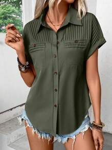 SHEIN LUNE 女士纯色短袖单排扣褶皱休闲宽松衬衫 - 軍綠色 - 查看 4