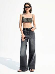 LYSMO 女士超短牛仔短款吊带背心 - 黑色 - 查看 6